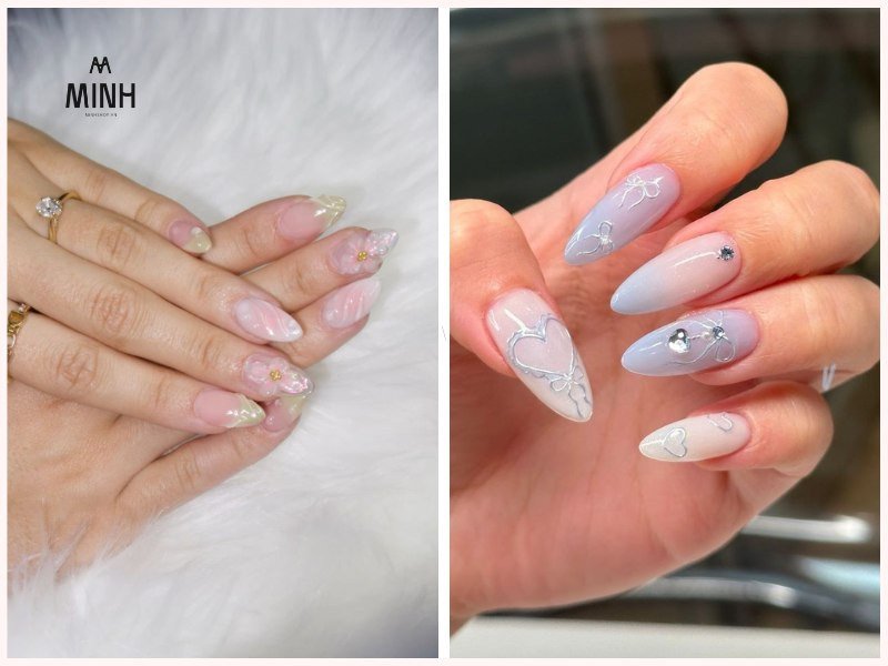 Mẫu móng tay màu hồng pastel đính charm sang chảnh