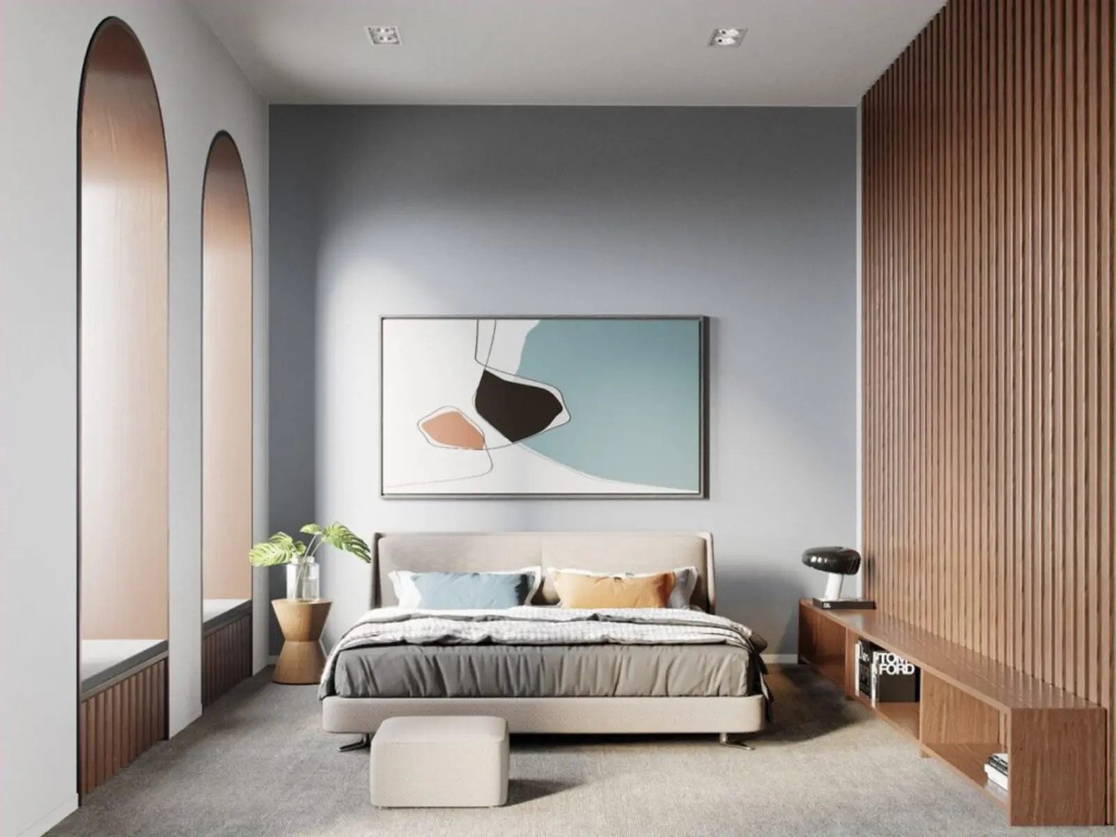 Phòng ngủ 12m2 hiện đại, phối màu ấn tượng, trẻ trung với giải pháp tủ quần áo kết hợp bàn trang điểm