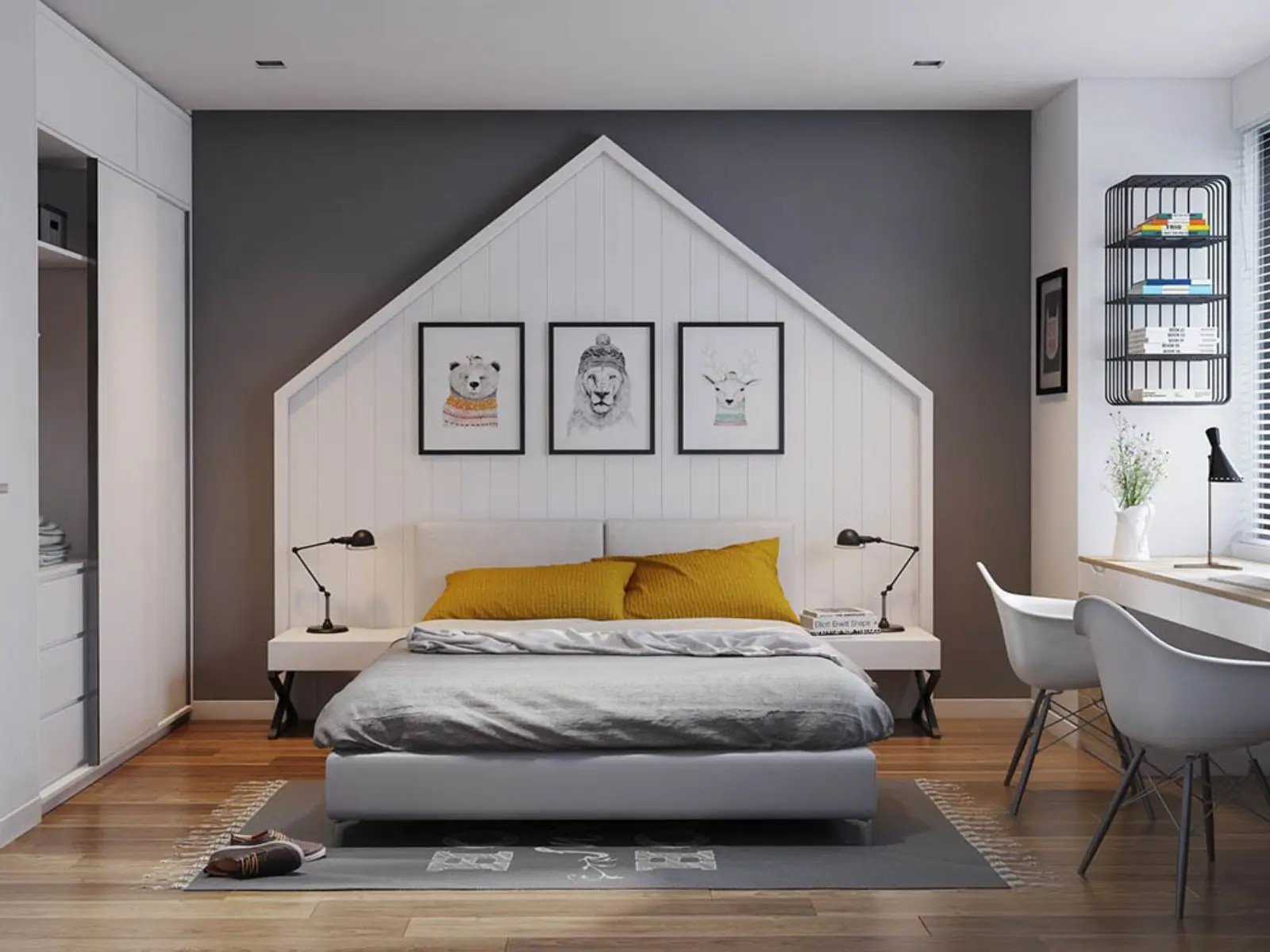Decor phòng ngủ 25m2 màu xám trắng sang trọng, kết hợp vỏ gối màu vàng tạo điểm nhấn