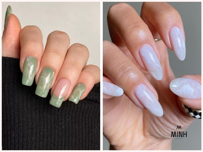 Mẫu móng tay màu xanh pastel vân đá sang trọng