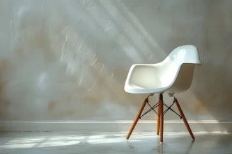 Ghế nhựa màu trắng với chân gỗ hình trụ, đặt trong phòng ngập tràn ánh nắng.