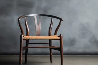 Ghế Wishbone phong cách Đan Mạch với khung gỗ tối màu và mặt ngồi đan thủ công màu nâu nhạt.