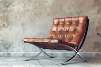 Ghế thư giãn Mid-Century Modern với khung thép không gỉ hình chữ X và nệm da caramel chần nút.