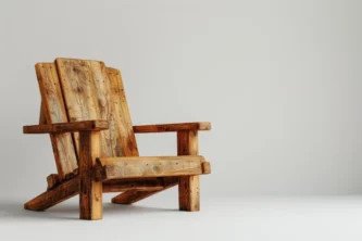 Ghế Adirondack gỗ mộc mạc với lưng tựa và mặt ngồi nghiêng thoải mái, phù hợp không gian ngoài trời.