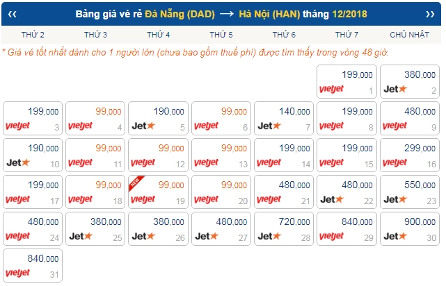 Bảng giá vé máy bay Đà Nẵng đi Hà Nội