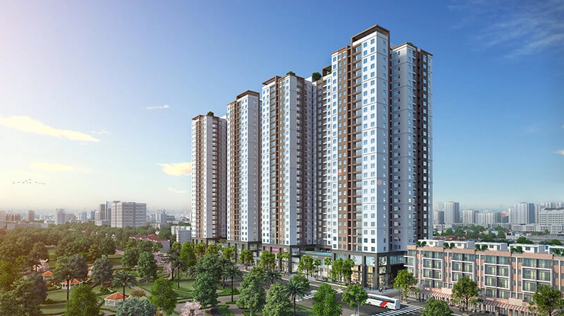Cận cảnh một tòa nhà tại Phương Đông Green Park đang hoàn thiện
