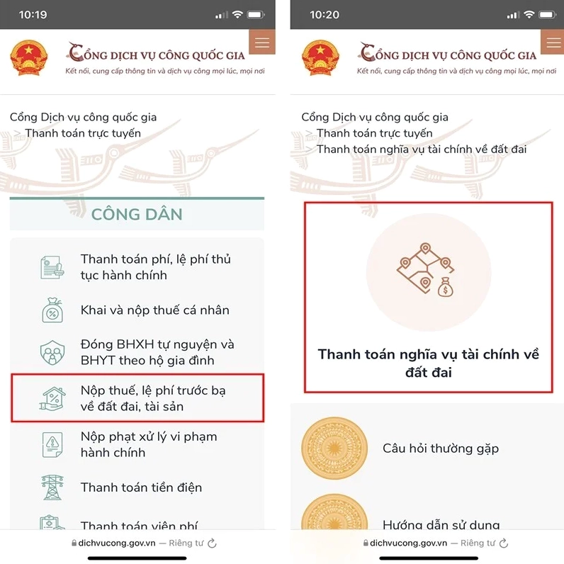Giao diện nộp thuế đất online trên máy tính