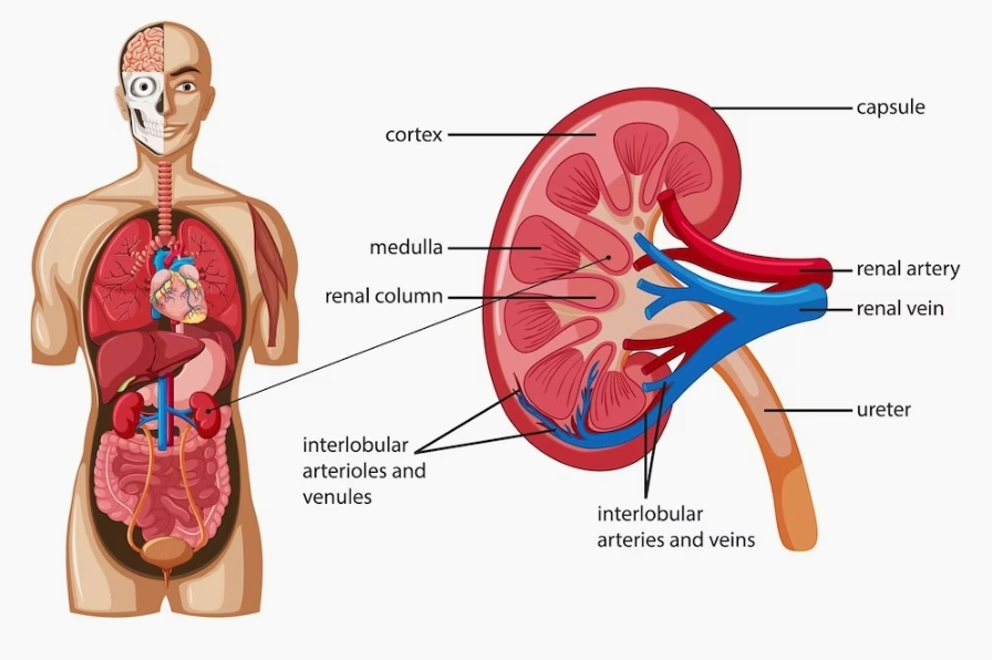 Hình ảnh minh họa vị trí của thận trong cơ thể người