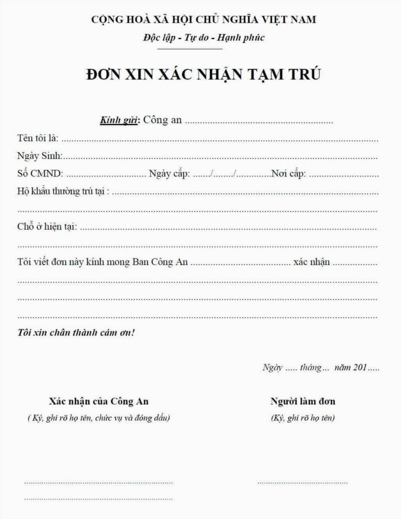 Mẫu đơn xin xác nhận tạm trú cũ