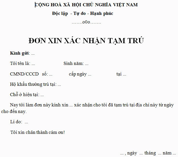 Mẫu đơn xin xác nhận tạm trú
