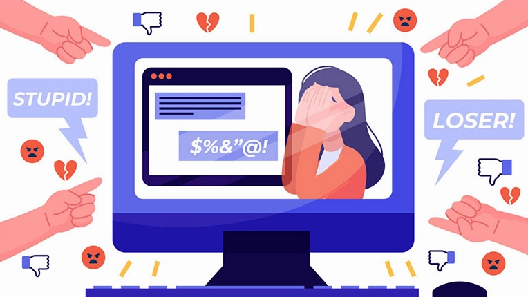 Bắt nạt trên mạng là gì? Tác hại và cách phòng tránh hiệu quả Người dùng đối mặt với màn hình máy tính có các biểu tượng tiêu cực
