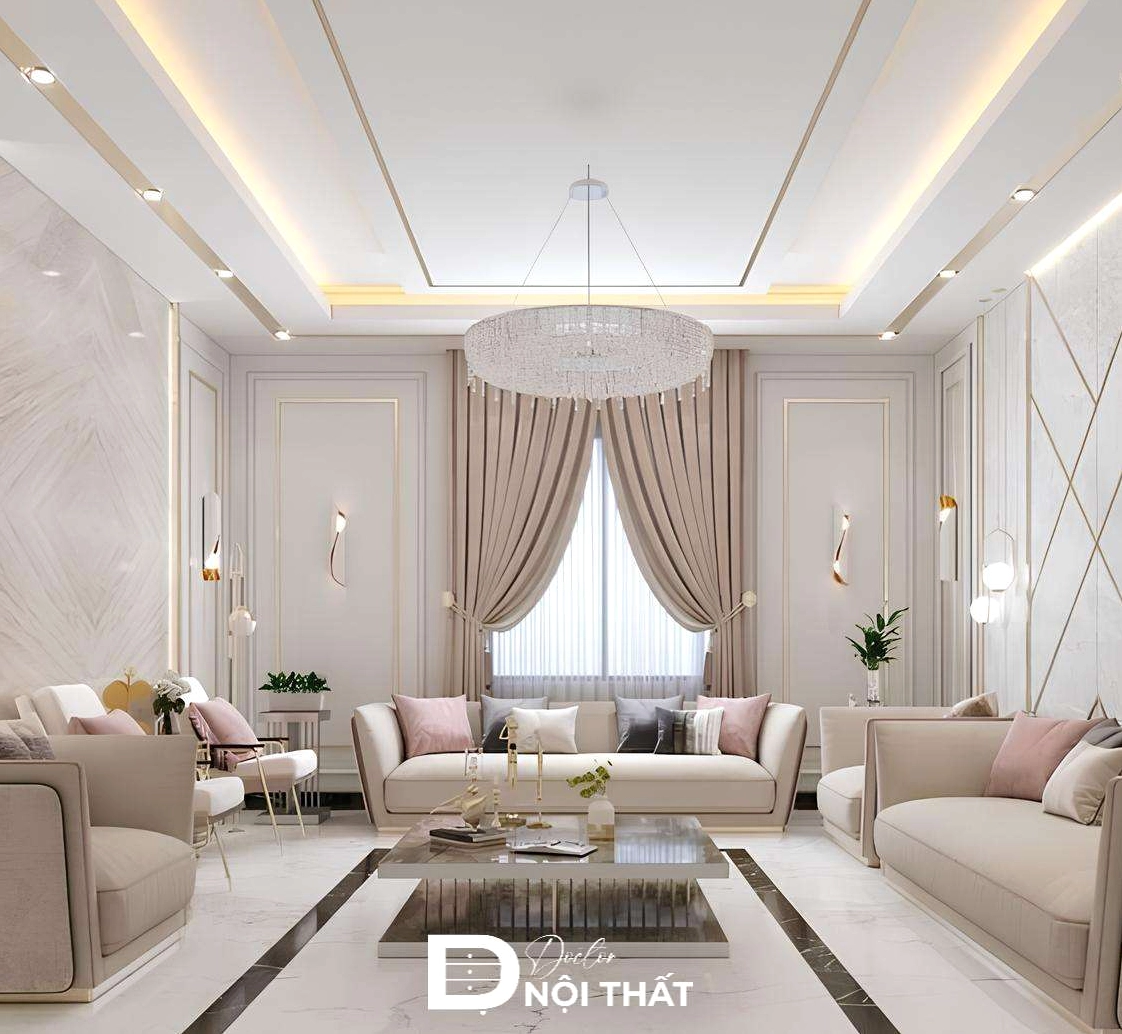 Phòng khách sang trọng với trần thạch cao và đèn chùm ấn tượng