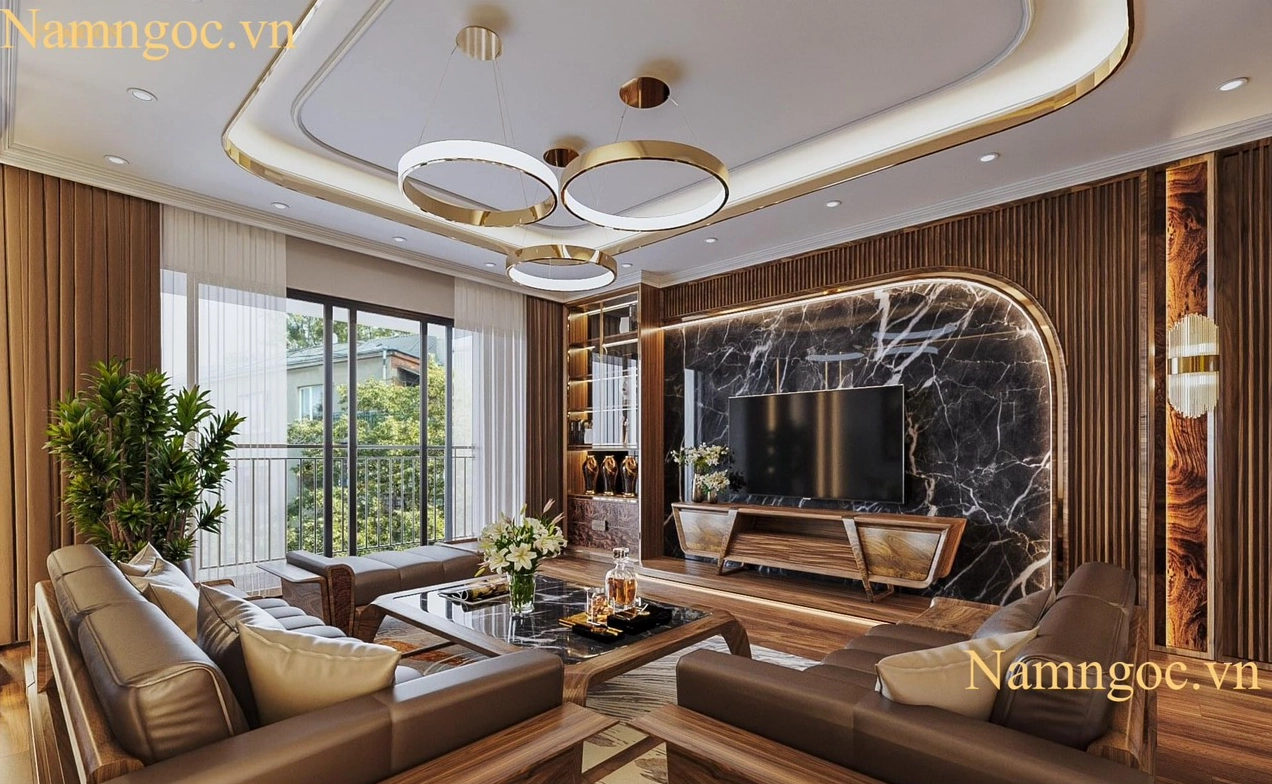 Trần thạch cao phòng khách giật cấp kết hợp đèn LED hiện đại