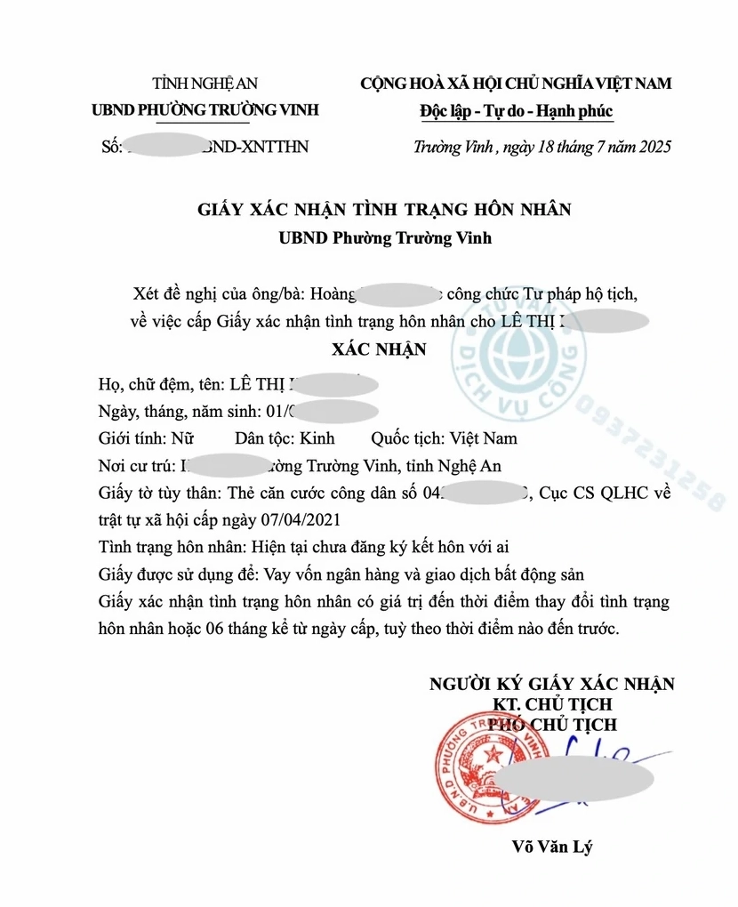 Xác nhận tình trạng độc thân tại phường