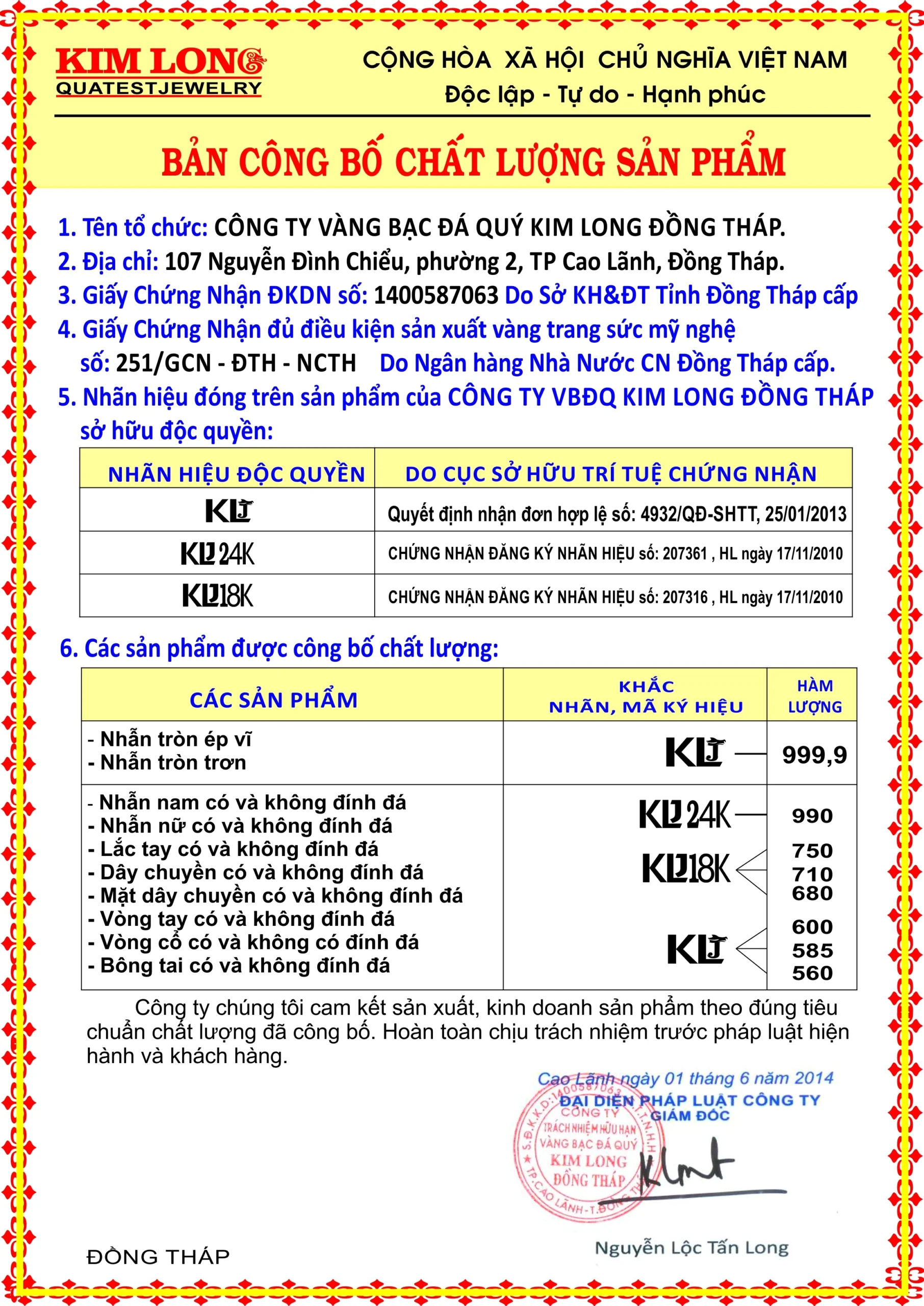 Bảng công bố chất lượng sản phẩm vàng